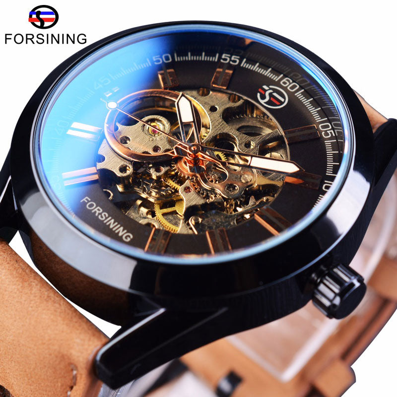 Forsining Blue Light Glass Mens Casual Sport Watch Leather Military Automatic Men Mechanical Wrist Watch Skeleton Luminous Clock