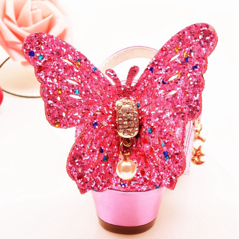 ULKNN Girls Sandals Rhinestone Butterfly pink Latin dance shoes 5-13 years old 6 children 7 summer high Heel Princess shoes kids