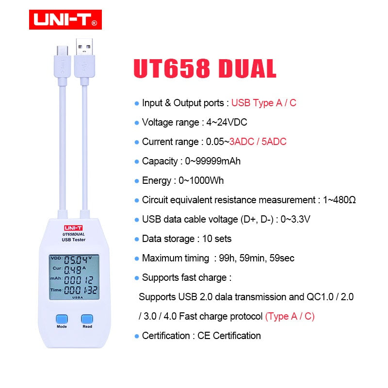 USB Tester UNI-T UT658A/C/DUAL Voltage and Current Monitors Volt Ampere Digital Product Charger Capacity Meter with Data Storage