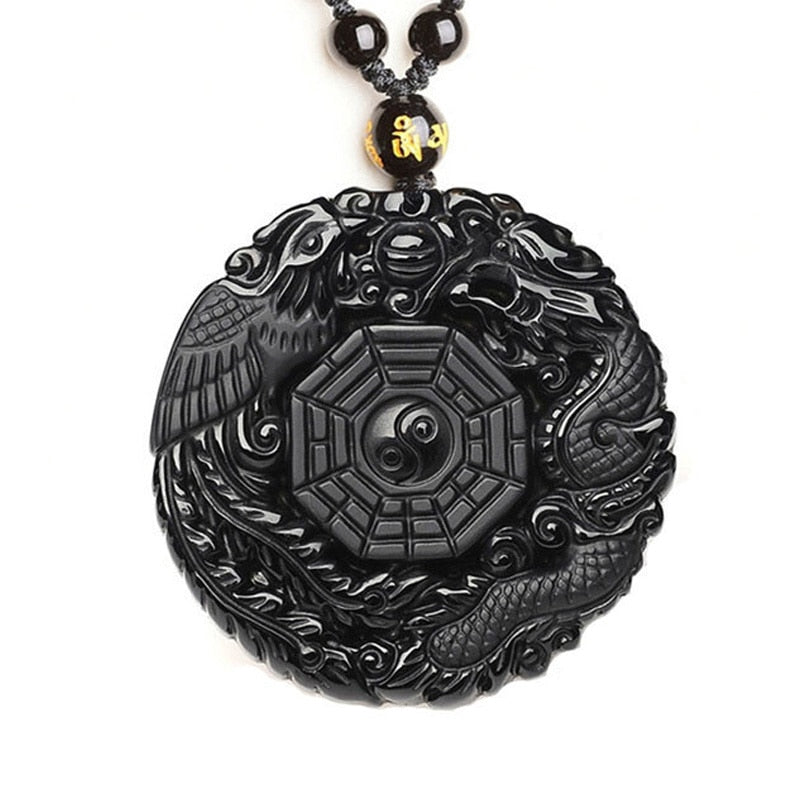 Black Obsidian Carving Dragon and Phoenix Necklace Pendant Obsidian Lucky Pendants