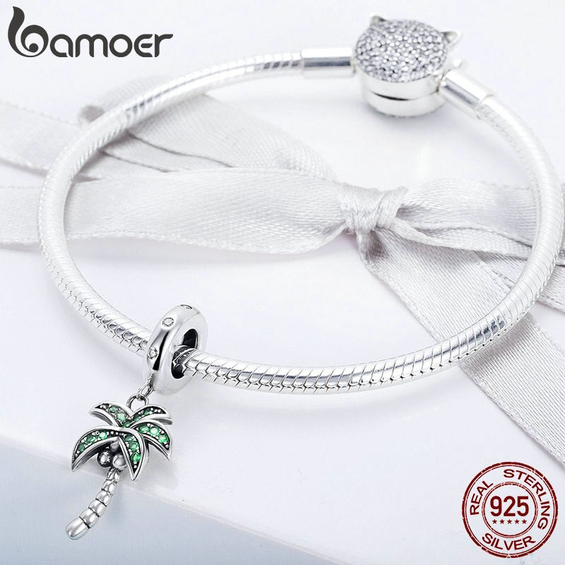 BAMOER High Quality 925 Sterling Silver Coconut Tree Charm Green CZ Pendant fit Charm Bracelets DIY Jewelry Making SCC697