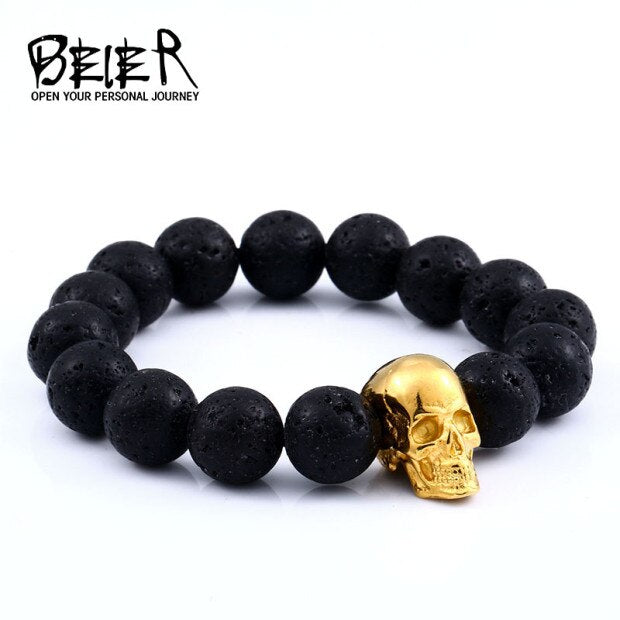 BEIER Steampunk Metal Skull Bracelets Elastic Steel Beads Chain Skeleton Men Bracelets Sets Male Hand Accessories gift HSS006