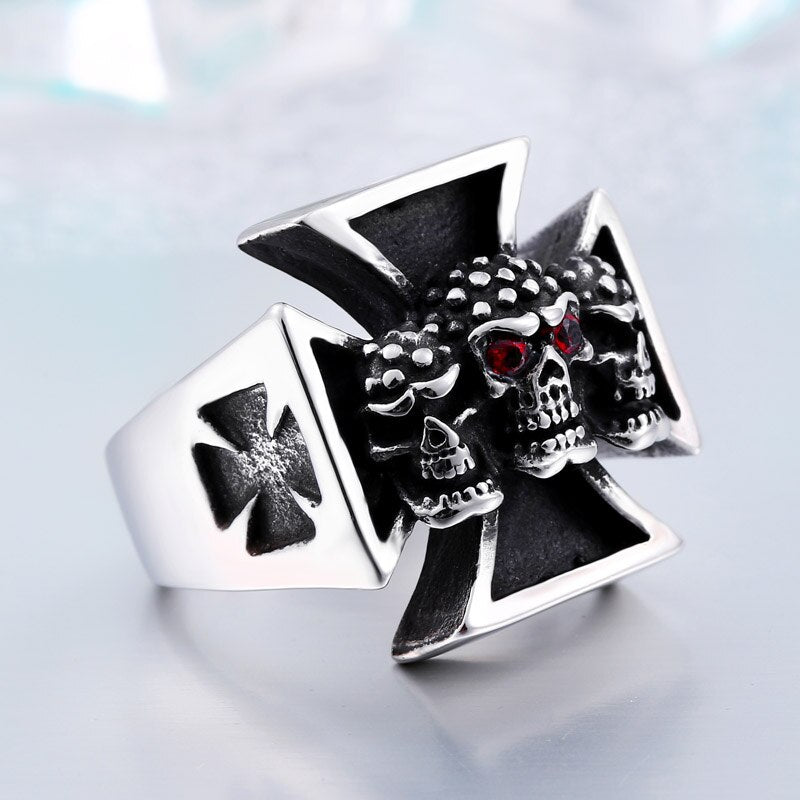 BEIER Fine Jewelry Punk Cool Cross Titanium Steel Man's High Quality Red Eye Skull Ring Vitage jewelry For man  BR8-214