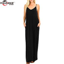 Women Long dress Female Summer V Neck Spaghetti Strap Plain Flowy Pockets Loose Beach Cami Maxi Dress Casual Sundress Robe Femme
