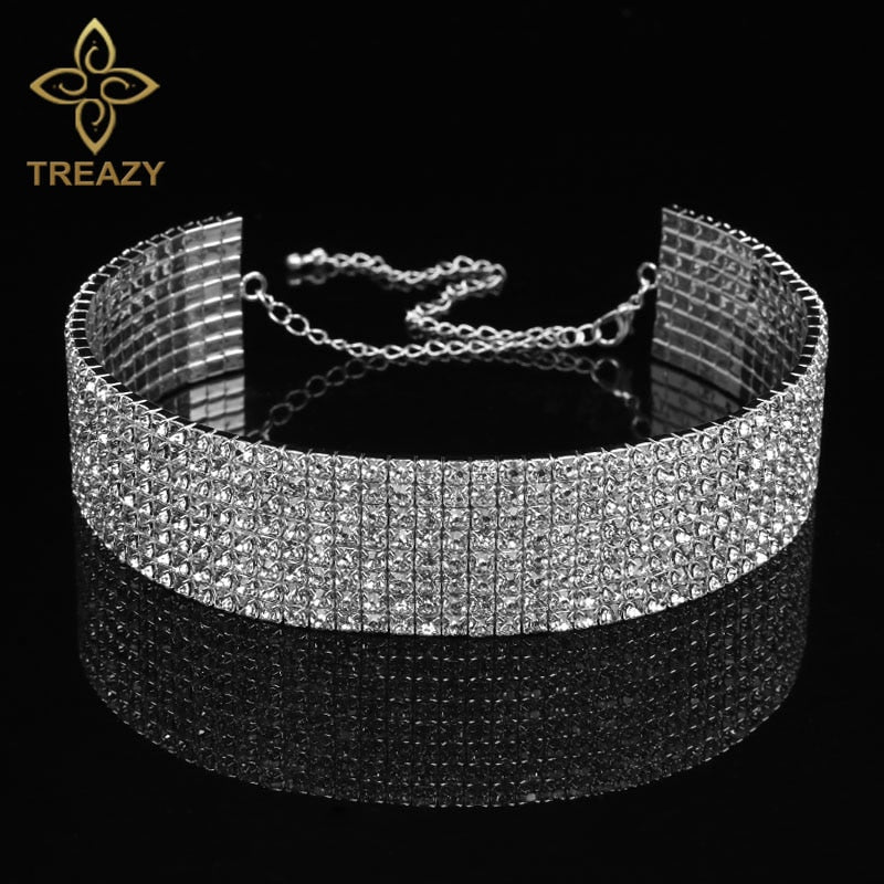 TREAZY Wedding Party 8 Row Rhinestone Choker Chain Necklace for Women Bridal Diamante Crystal Choker Necklace Elastic Cord