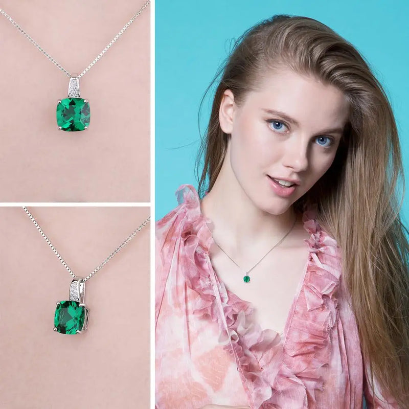 JewelryPalace Simulated Nano Green Emerald Created Ruby 925 Sterling Silver Pendant Necklace Women Gemstone Solitaire No Chain