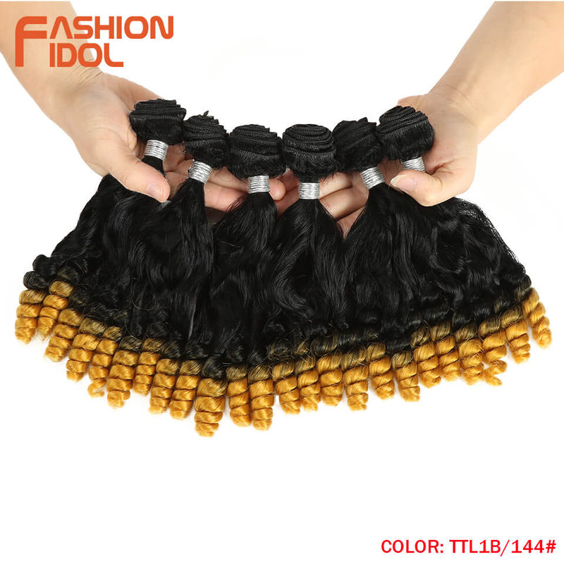 FASHION IDOL Afro Kinky Curly Hair Bundles 14 inch 7Pieces/lot Upper Straight Lower Bend Synthetic Hair Lace With Closure Fiber