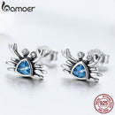 BAMOER 100% 925 Sterling Silver Cute Ocean Crab Small Blue CZ Stud Earrings for Women Fashion Earrings Jewelry Gift S925 SCE413