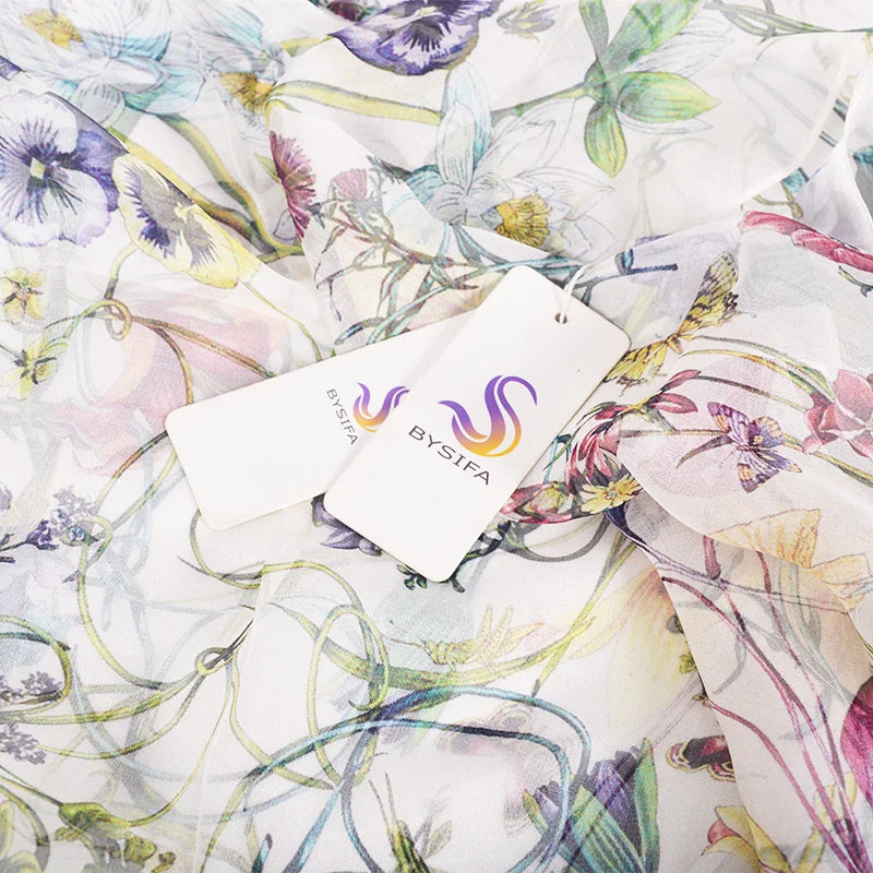 [BYSIFA] White 100% Silk Scarf Cape Fashion Floral Design Long Scarves Women Summer Utralong Beach Shawl Winter Scarves180*110cm