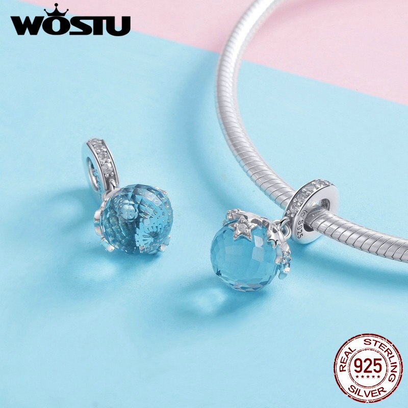 WOSTU Shiny Style 925 Sterling Silver Starlight Blue Night Dangles Charms Fit Bracelet & Necklace Pendant Unique Jewelry FNC029