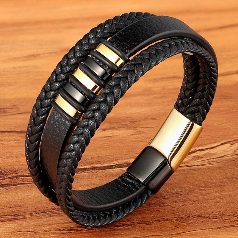 TYO High Quality Stainless Steel Charm Stackable Layered Bracelet Leather Genuine Braided Black Bracelet for Men&