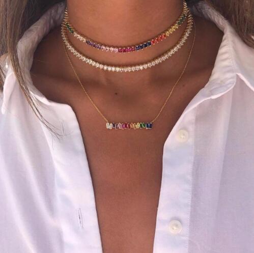 Sexy Short Sparking Rainbow Tennis Chain Chocker Necklace With AAA+ CZ Fashion Personality Women Collar Jewellery bijoux femme