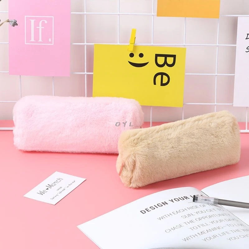 Solid Color Plush Pencil Case School Pencil Cases Bag Stationery For Girls School Supplies Tools