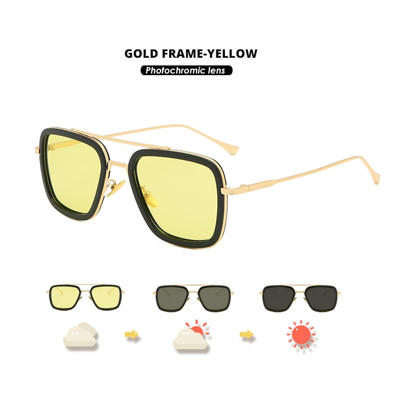 Square Vintage Designer Steam Punk Tony Stark Photochromic Sunglasses Polarized Men Yellow Lens Driving Glasses Oculos De Sol
