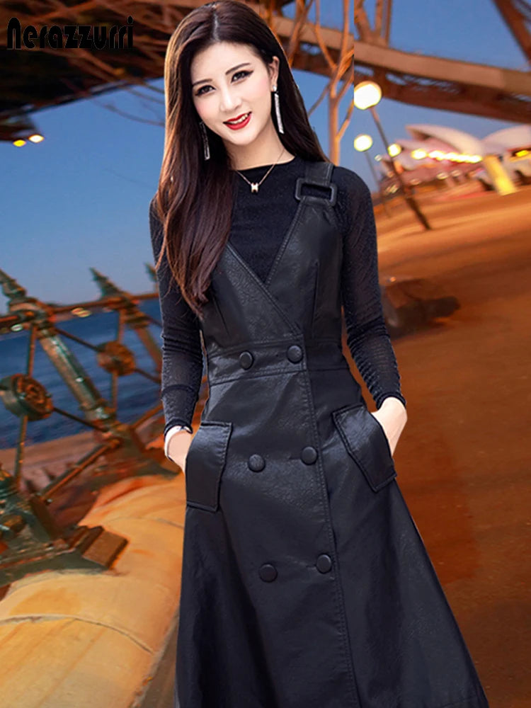 Nerazzurri Summer long black pu leather dress women strap midi faux leather dresses for women 2021 Womens Elegant Korean fashion