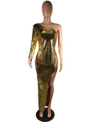 Echoine Sexy Skinny One Shoulder Split Party Dress Women Bodycon Birthday Dresses Gold Evening Club Vestidos Robe