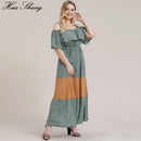 5XL Plus Size Boho Dress Women 2019 Summer Ruffles Slash Neck Cold Shoulder Beach Dress Floral Print Contrast Maxi Long Dresses