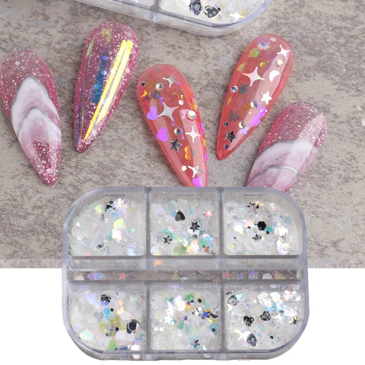 6 Grid Snow Crystal Nail Glitter Powder Sparkly Ice Chrome Flakes Reflective Thin Sequins Autumn Winter Nail Art Decoration LAXR