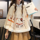 2021 Spring Autumn Cloak Harajuku Kawaii Ears Hooded Outwear Japanese Lucky Cat Fleece Cape Loose Pullover Batwing Sleeve Top