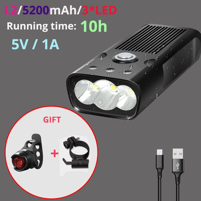 5200mAh MTB Bike Front Light Bicycle Light 2 Holder Mount T6/L2 LED Flashlight Power Bank Bike with Taillight Gift Waterproof