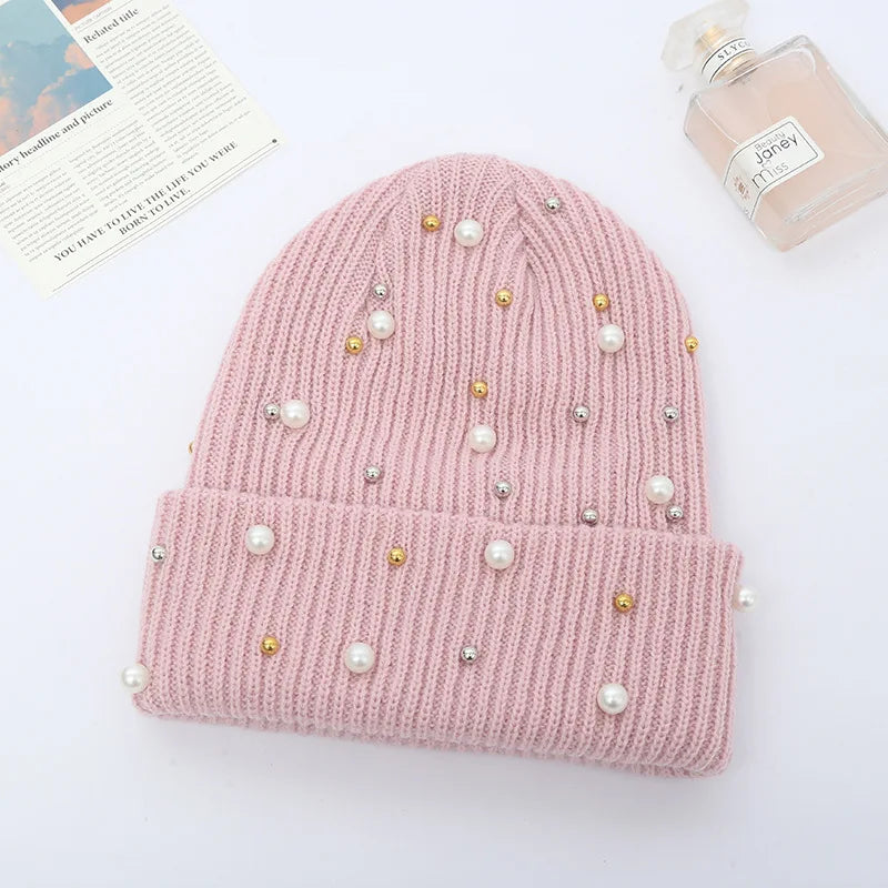 Winter Knitted Beanie Women Fashion Rhinestone Pearls Knitting Hats Ladies Casual Skullies Cap Female Solid Color Casual Bone