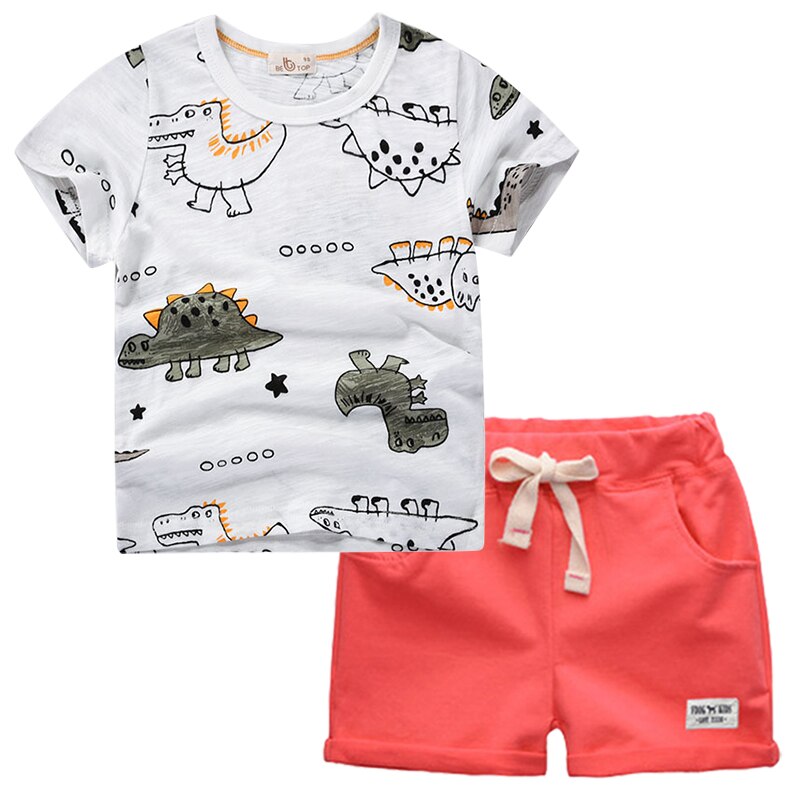 BINIDUCKLING 2021 Summer Toddler Boys Clothes Set Cartoon Dinosaur Printed Cotton T-Shirt Shorts Child Outfits Kids Clothing