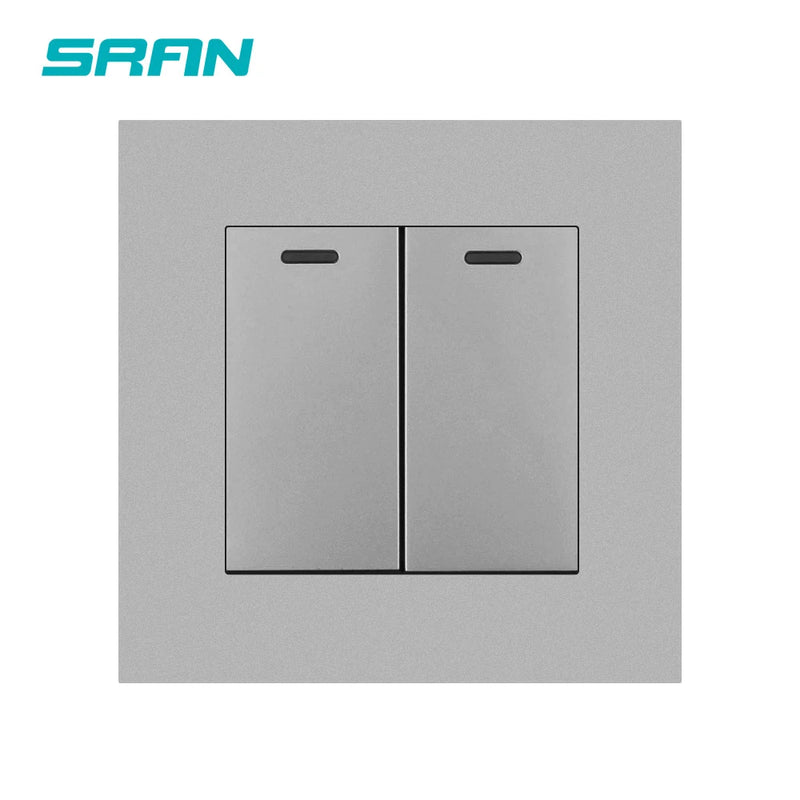 SRAN Wall Light switch 2gang 1/2way 16A 86mm*86mm white/black/gold/gray flame retardant pc panel with  iron plate rocker switch