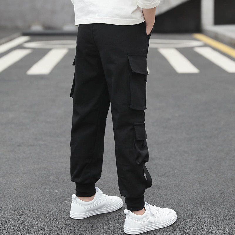 Kids Boy Tape Side Cargo Pants Loose Style Teenager Khaki Black Cargo Pants Classic Kids Sports Trousers for Big Boy 4-13 Years