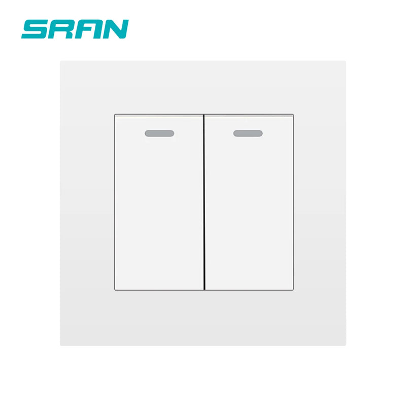 SRAN Wall Light switch 2gang 1/2way 16A 86mm*86mm white/black/gold/gray flame retardant pc panel with  iron plate rocker switch