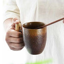 Vintage Style Cera Coffee Mug Tumbler Rust Glaze Tea Milk Water Cup with Wooden Handmade Espresso Utensils Teaware Stoneware