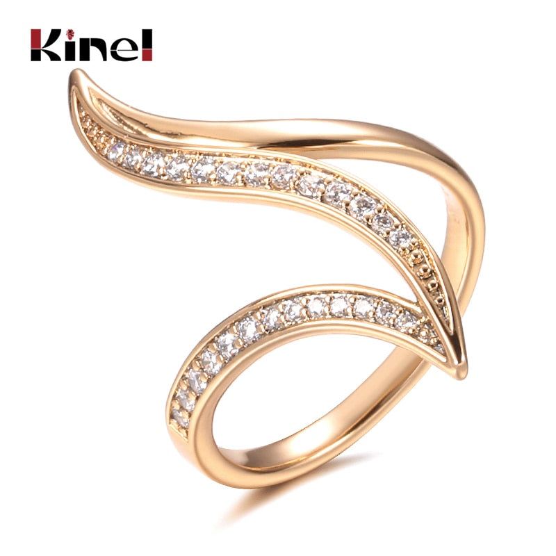 Kinel New Fine Hyperbole Curve Women Rings White Round Micro Wax Inlay Natural Zircon 585 Rose Gold Fashion Jewelry Unique Ring