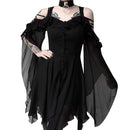 Gothic Witch Vintage Dress Women Sexy Hollow Out Lace Up High Waist Ruffle Trumpet Dress Off Shoulder Gothic Midi Dress Vestidos