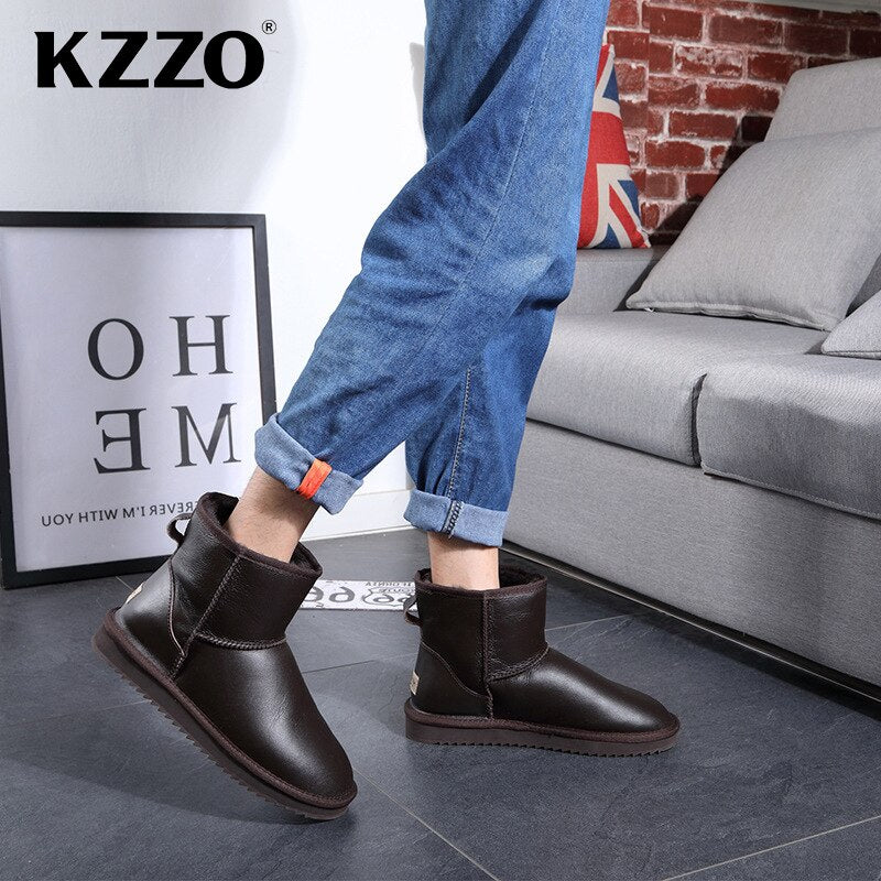 KZZO Australian Classic Waterproof Ankle Men Snow Boots Genuine Leather Natural Wool Lined Winter Warm Non-slip Short Boots 2021