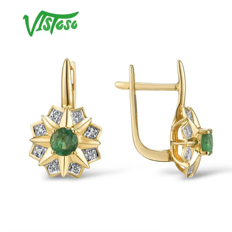 VISTOSO Gold Earrings For Women 14K 585 Yellow Gold Sparkling Emerald Luxury Diamond Wedding Anniversary Elegant Fine Jewelry