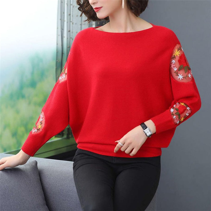 Flower Embroidery Batwing Sleeve O-Neck Spring Sweaters Women Casual Loose Knitted Pullovers  Large Size Knitwear Tops Female