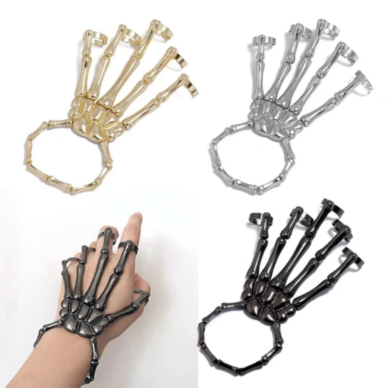 Creative Punk Skeleton Hand Bone Versatile Five Finger Ring Bracelet Adjustable One Chain Bracelet Halloween Bracelet Unisex