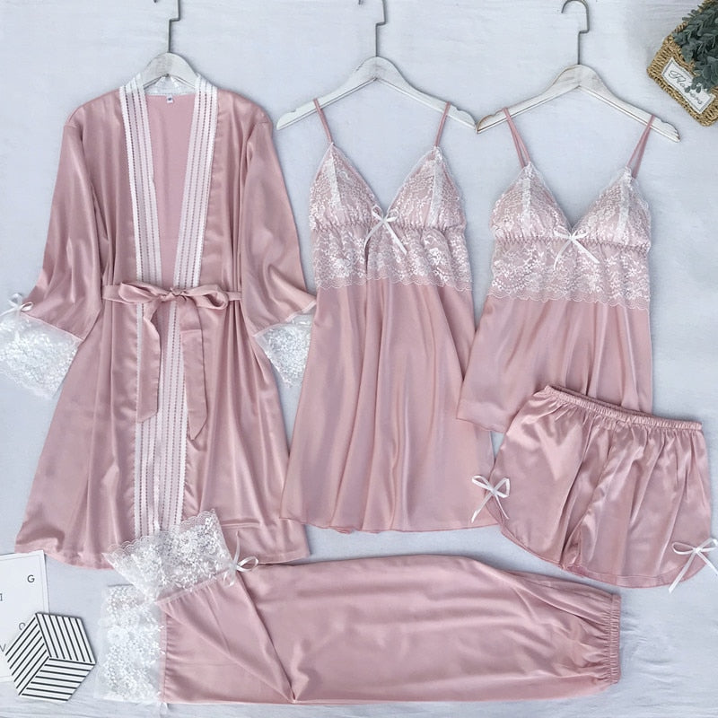 Pajamas Set Silk Satin Womens Lace Nightwear Spring Strap Pyjamas Suit Female Lounge Sleepwear with Chest Pads Home Wear