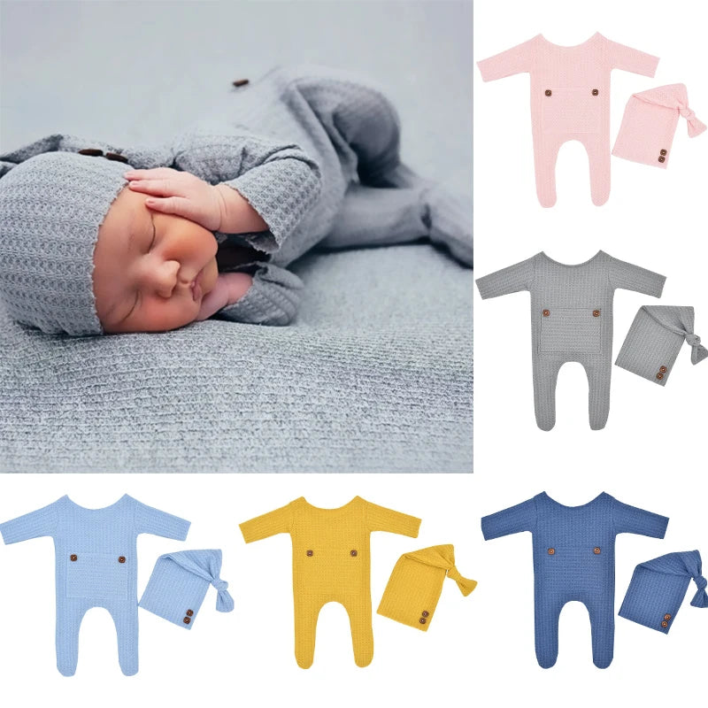 2 Pcs/Set Baby Hat Romper Newborn Photography Props Knitted Jumpsuit Long Tail Cap Kit Infants Photo Shooting Clothing Outfits