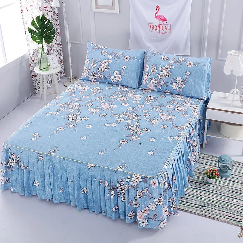 3Pcs/Set Korean Brushed Printed Bed Skirt Bed Cover Student Dormitory Non-Slip Sheet Cover Bedroom 3D Lace Bed Skirt Bedding