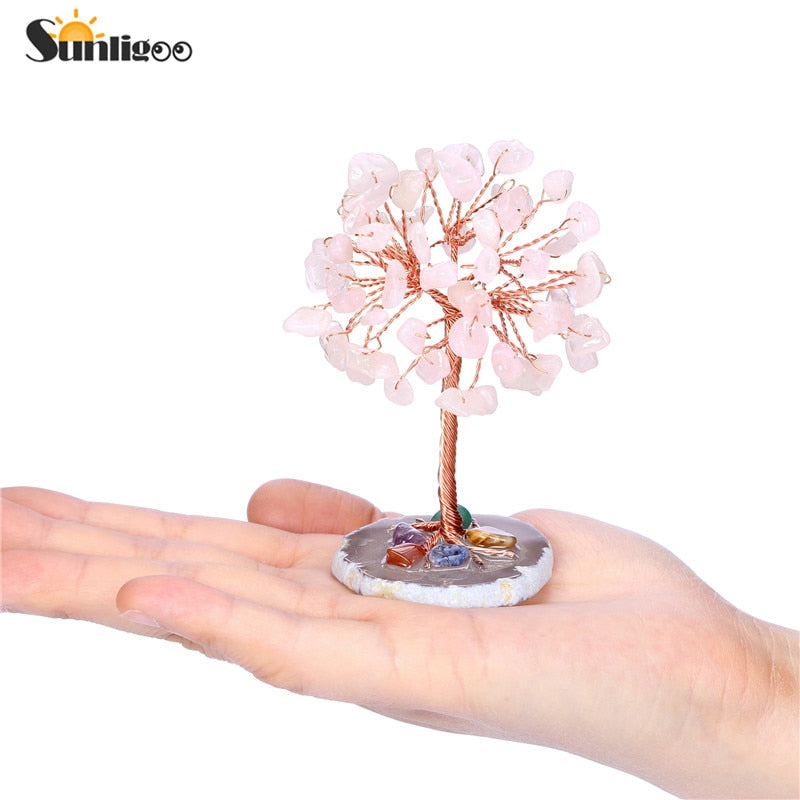 Sunligoo Super Mini Crystal Money Tree Copper Wire Wrapped W/ Agate Slice Base Healing Gemstone Yoga Feng Shui Trees Home Decor