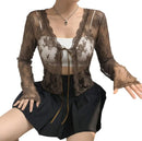 Women Sexy See Through Y2K Mesh Cardigan Shirt Ladies Girls Long Sleeve Button Down Lace E-Girl Shirt Crop Top