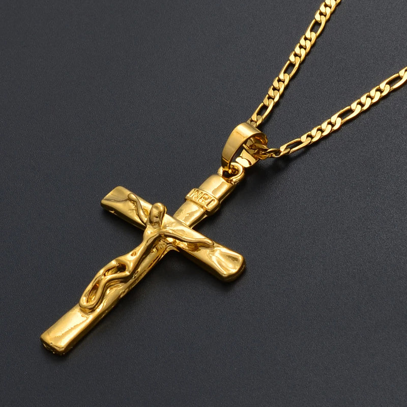 Anniyo INRI Cross Pendant Necklaces Chain Women Men,Crucifix Christianity Gold Color Jesus of Nazareth,King of the Jews