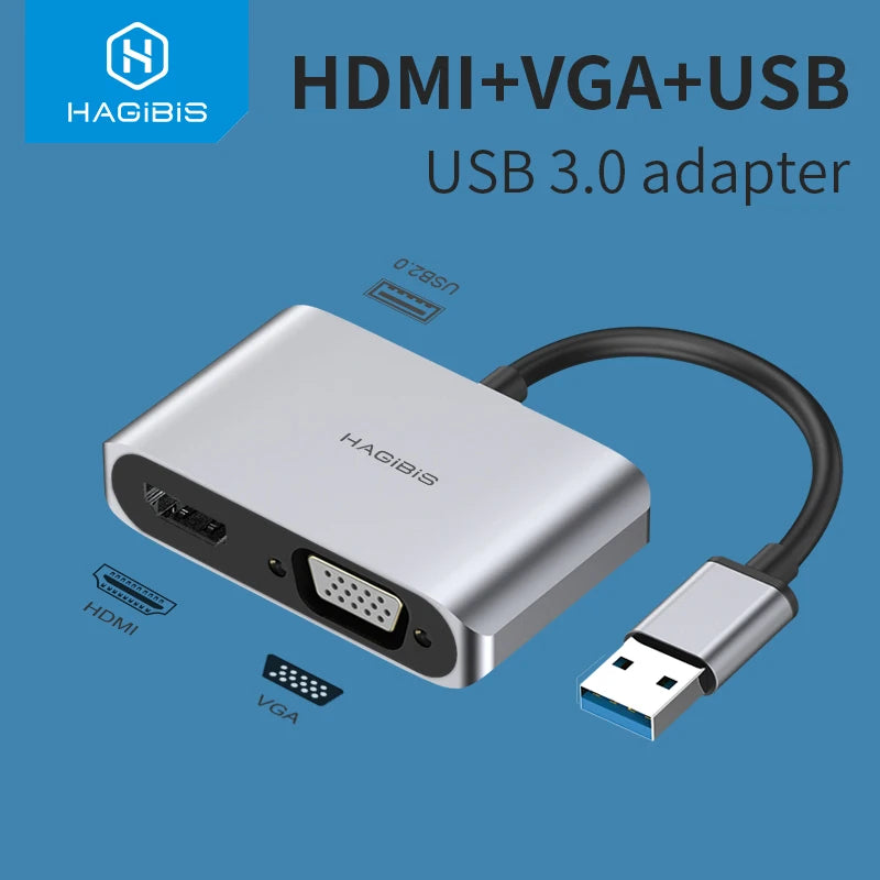 Hagibis USB 3.0 to HDMI-compatible VGA Adapter 1080P Multi-Display 2in1 USB to HDMI-compatible Converter for Windows 7/8/10 OS