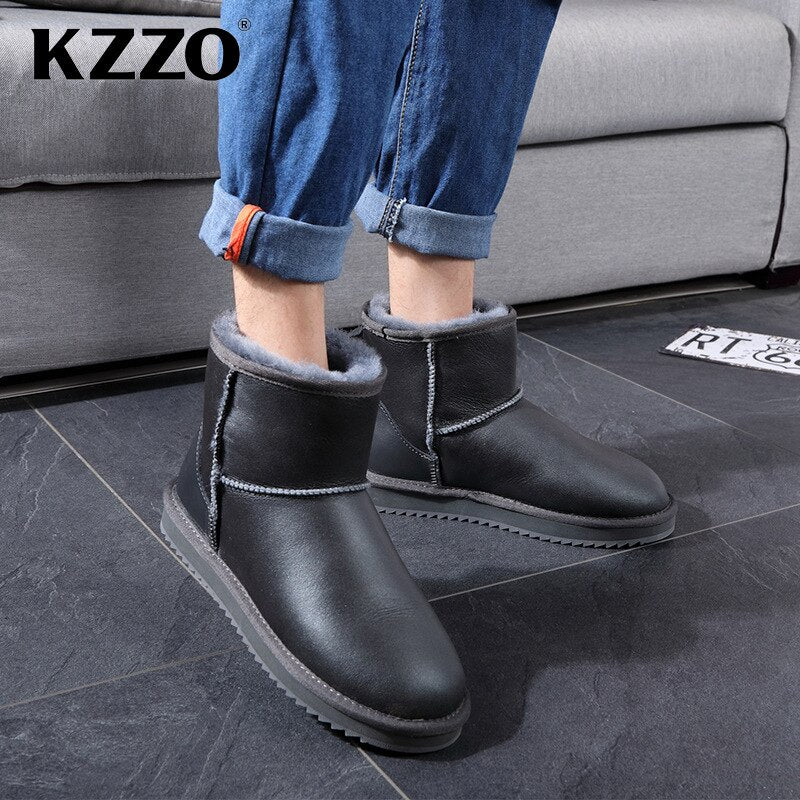 KZZO Australian Classic Waterproof Ankle Men Snow Boots Genuine Leather Natural Wool Lined Winter Warm Non-slip Short Boots 2021