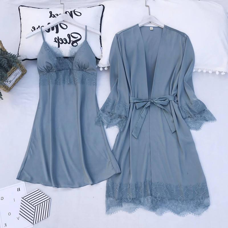 Pajamas Set Silk Satin Womens Lace Nightwear Spring Strap Pyjamas Suit Female Lounge Sleepwear with Chest Pads Home Wear