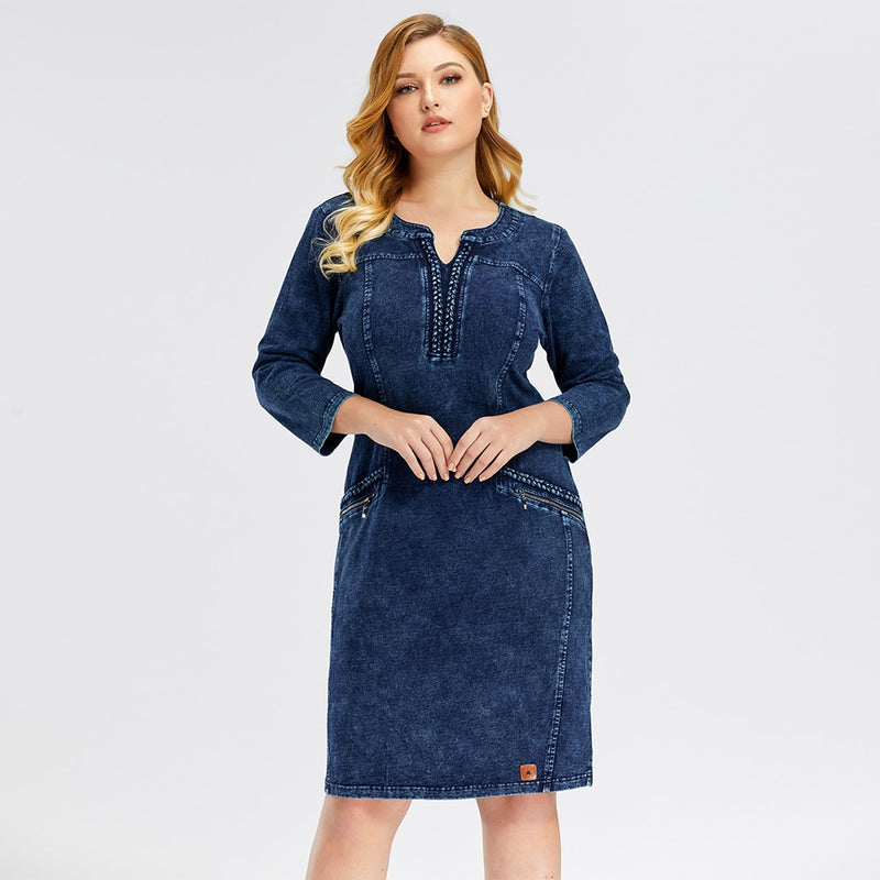 LIH HUA Women's Plus Size Denim Dress Elasticity  Knitted Denim Dresses Slim Fit Casual Dress Shoulder Pads Midi Dress