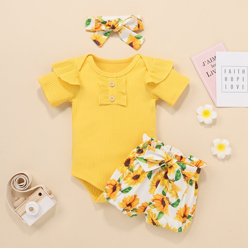 Newborn Baby Girls Outfits Clothes Cotton Solid Romper Jumpsuit + Denim Shorts+Headband Sweet Set Summer New23