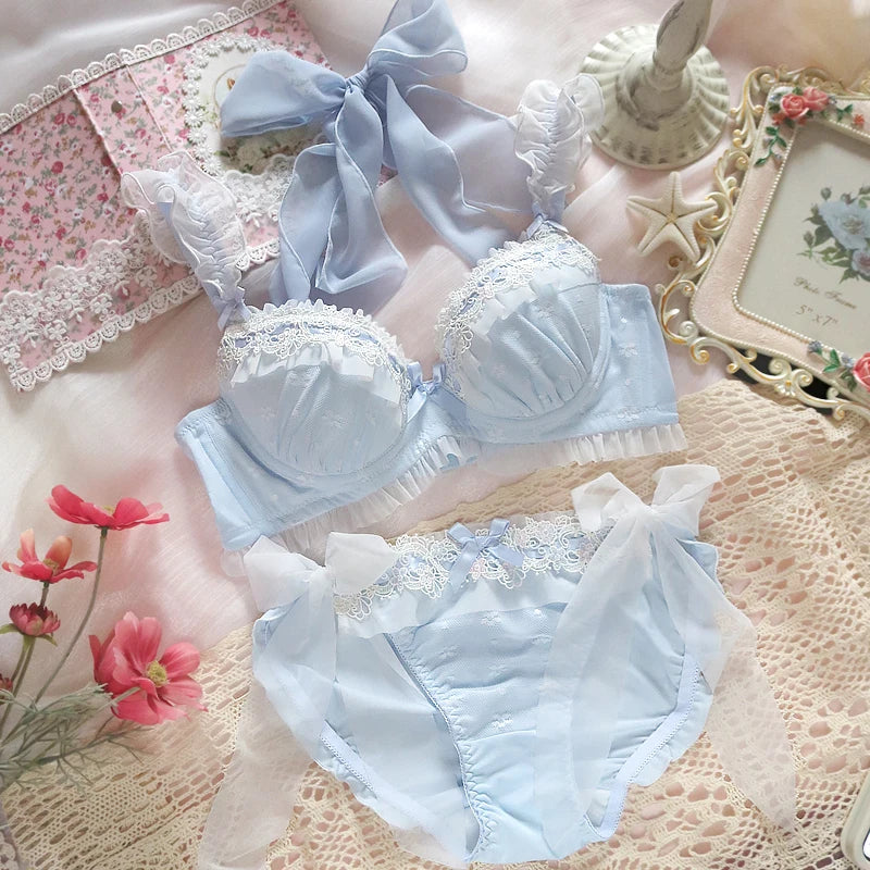 Wriufred Girls underwear fresh blue water soluble lace bra panties set bows gathered large size steel ring push up lingerie suit