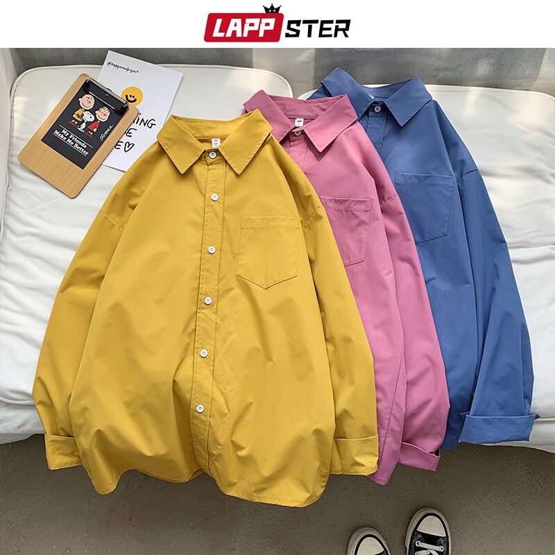 LAPPSTER Men Colorful Pocket Korean Shirts 2023 Autumn Long Sleeve Shirts For Men Harajuku Fashions Plus Size Oversized Clothing