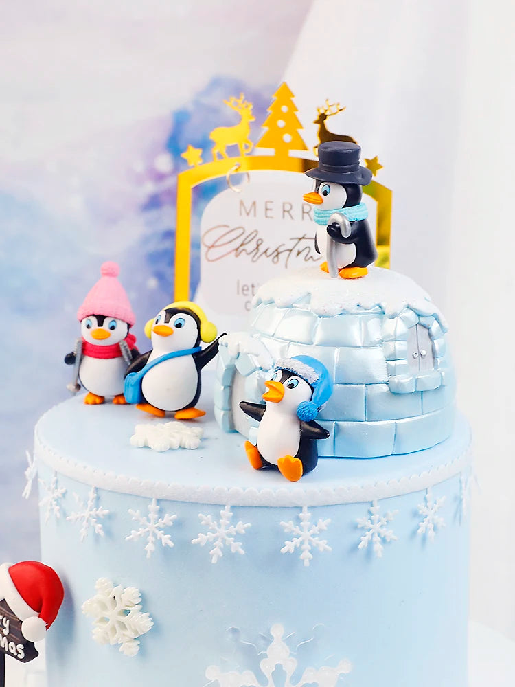 Merry Christmas Hat Scarf Winter Penguin Cake Topper for Baby Shower Snowflake Xmas Party Baking Decoration Dessert Supplies